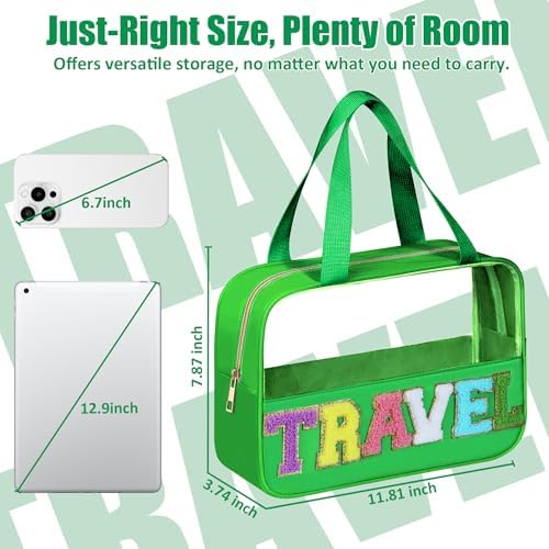 BuyCard Chenille Letter Patch Clear Travel Bags, Preppy PVC&Nylon Makeup Bag with Handle and Zipper, Waterproof Large Clear Travel Toiletry Bag Storage Bag for Women Girls Deep Green - Image 2