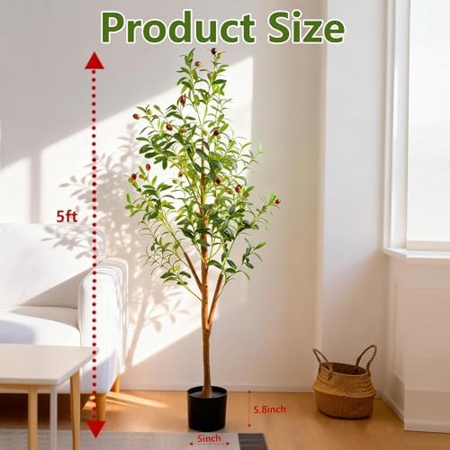 5FT Artificial Olive Tree Indoor, Tall Faux Olive Tree with Pot&Basket, Large Fake Olive Tree with Realistic 720 Silk Leaves and 40 Fruits for Living Room Home Office Decor. - Image 5