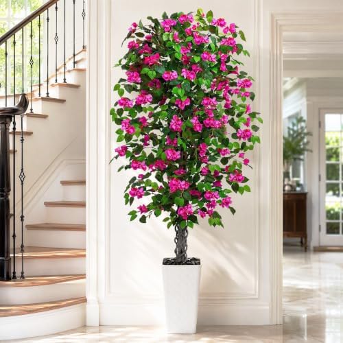 Artificial Bougainvillea Tree 6FT, Fake Tree with Flowers White Planter - Image 6