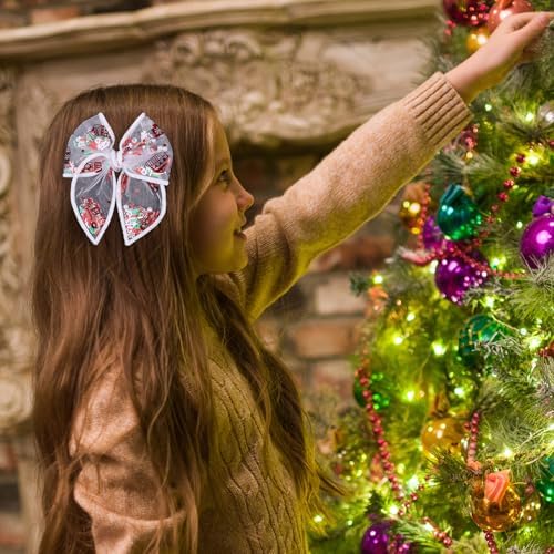 Girls Christmas Fable Bow Hair Clips 2pc 4" Red Mesh Ribbon Santa Claus Alligator Pins Shaker Bow Cheer Barrettes for Teen Toddler Kids Women Xmas Holiday Outfits Decor Accessory Gift - Image 3