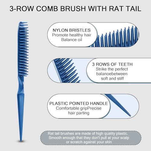 SIMPOR 3 Row Hair Comb for Natural Detangling, Hair Styling Brush, Nylon Bristle Unbraider Teasing Rat Tail Comb for Women Men Blue - Image 2