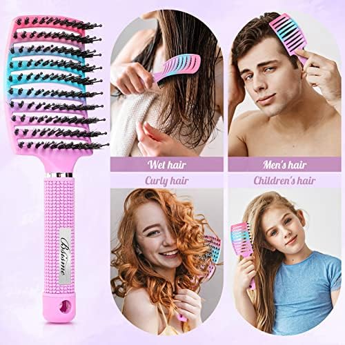 Boar Bristle Hair Brush Curved Vented Detangler Brush Faster Blow Drying, Paddle Detangling Brush for Women Men Kids Wet Dry Long Curly Thick Straight Hair, Make Hair Shiny and Healthier(Purple+Green) - Image 5
