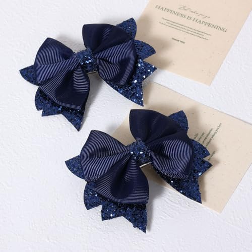 Navy Blue Glitter Hair Bow Alligator Clips 3.5" Aesthetic Ribbon Ponytail Hair Barrettes for Toddler Teen Baby Girls School Kids Birthday Wedding Party Dress Decor Accessories 2pc - Image 2