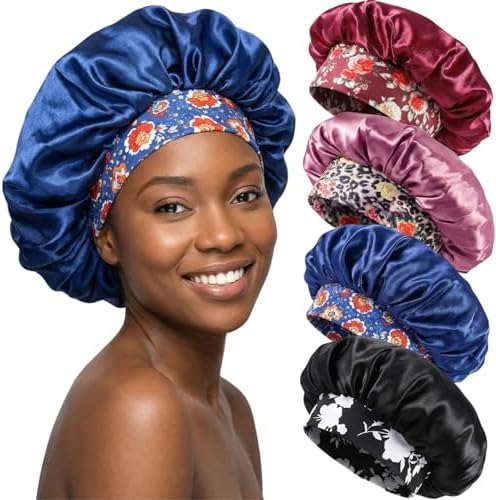 4 Pack Satin Silk Bonnet, Sleep Bonnet, Red, Pink, Blue, Black by Unknown