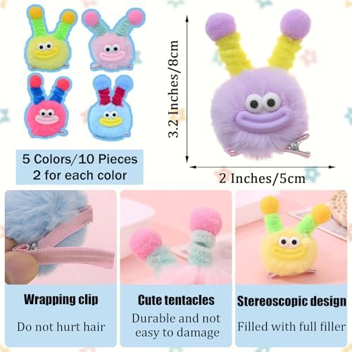 MIUPOO Fluffy Pom Poms Hair Clips,Crazy Hair Day Accessories for Girls,Quirky Little Monster Barrettes,Plush Duckbill Hairpins Hair Barrettes,Party Modeling Hair Accessories,5 colors,5 Pairs. - Image 2