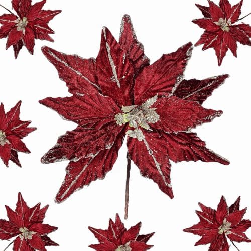 Kimura's Cabin 6Pcs Artificial Poinsettia Christmas Flowers Set,Burgundy by WeddingPartyArrangementBouquetsDecorationArtificialFlowers