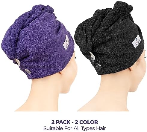 American Soft Linen 100% Cotton Hair Towels for Women, Head Towel Cap, Cotton Hair Turban Towel Wrap for Long Curly Anti Frizz Hair, Soft and Absorbent Cotton Hair Towels 2 Pack, Purple-Black - Image 2