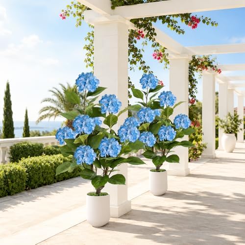 3FT Artificial Hydrangea Tree 2 Pack, Realistic Faux Hydrangea Plants in Pot with Blue Flowers, Lifelike Faux Greenery Home Indoor Outdoor Front Porch Garden or Wedding, Blue - Image 7