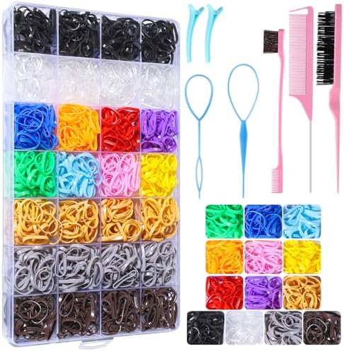 Rubber Bands and Hair Styling Tools Set: 1500 Pcs Elastic Hair Ties with Organizer Box, Baby/Toddler Hair Accessories Gift for Women and Kids by BESARME