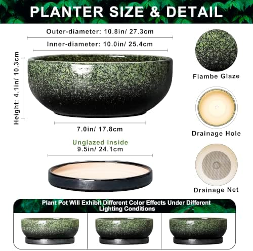 Bonsai Pots Ceramic, 10 Inch Succulent Planter, Speckle Green - Image 2