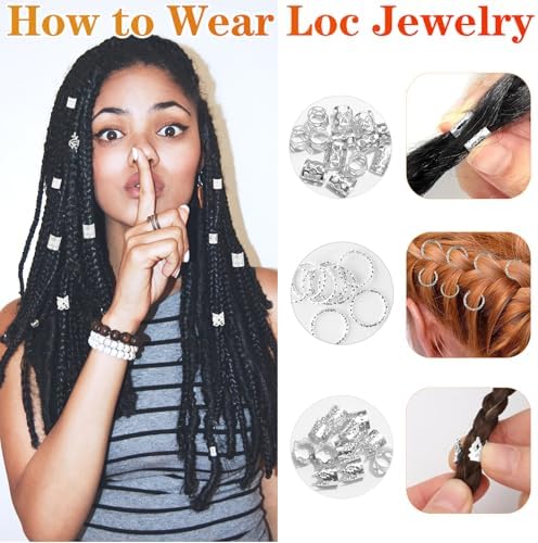 190 Pcs Hair Jewelry for Braids,Gold Hair Jewelry for Braid Accessories,Loc Jewelry for Hair Dreadlock with Ring Cuffs Clips Charm Dreadlock Accessories Hair Decorations for Men Women Girl (Silver) - Image 7