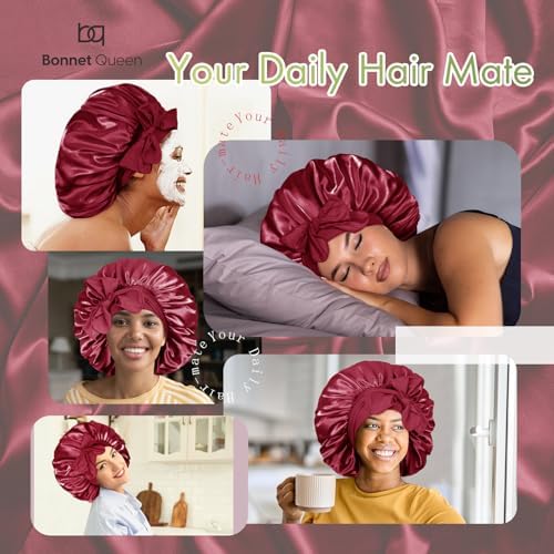 BONNET QUEEN XL Large Silk Like Bonnet for Sleeping for Curly Hair,Satin Bonnet with Adjustable Tie Band,Dark Red - Image 2