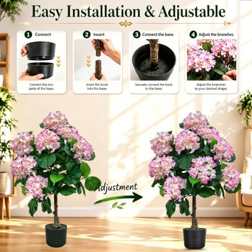 THKFUL 3FT Artificial Hydrangea Flower Tree with Natural Wood Trunk, Faux Pink White Floral Topiary Tree Potted for Indoor Home, Living Room, Wedding, Party Event Decor - Image 6