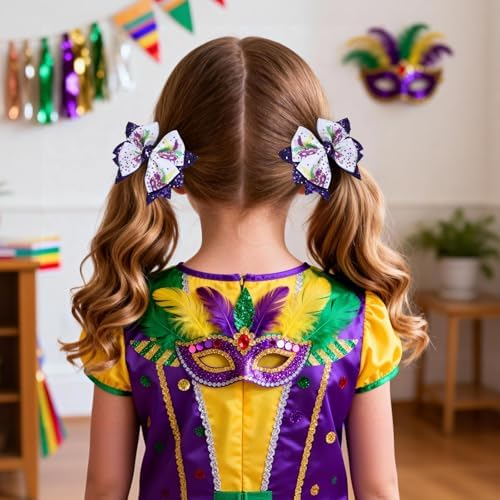 Mardi Gras Holiday Hair Bows for Girls, 3.5in Glitter Purple Sequins Ribbon Costume Bow Alligator Clips for Toddlers Teens Women Fat Tuesday Carnival Parade Accessories Gift Set 2 - Image 4