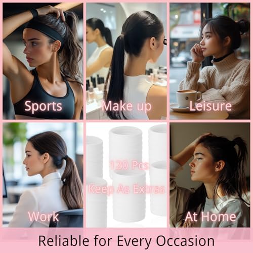 LuSeren 120 Pcs No Damage Hair Ties for Thick Hair, Large Soft Seamless Nylon Hair Elastics for Women, Ponytail Holders Accessories –White - Image 6