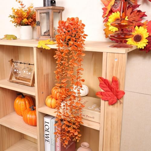 Der Rose 1Pcs Fake Fall Plants Hanging Orange Artificial Potted Faux Eucalyptus Plant Decorations for Fall Thanksgiving Bathroom Table Centerpiece Wall Kitchen Room Decor Indoor and Outdoor - Image 5
