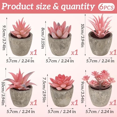 Woration 6Pcs Small Artificial Pink Succulent Set Fake Flocking Succulents Plants Potted Floral Arrangement for Shelf Office Home Desk Decorations - Image 3