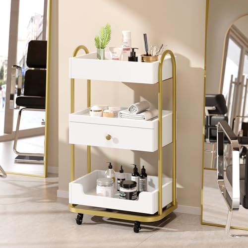 OmySalon Salon Trolley Cart, Hair Styling Station with 3 Trays & 1 Drawer, 2 Lockable Wheels, Esthetician Cart Mobile Storage Cabinet for Beauty Spa Barbershop, White - Image 2