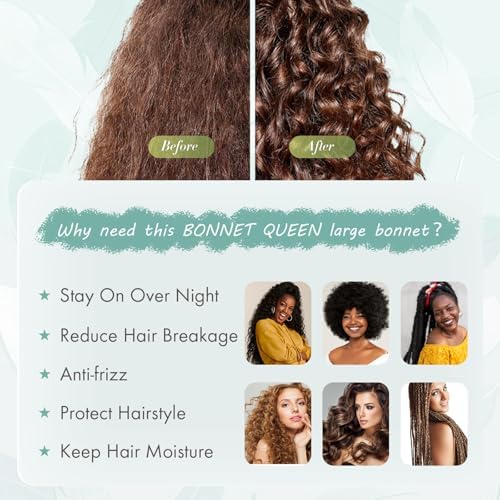 Bonnet Queen Silk Bonnet for Sleeping Large Bonent Satin Bonnet Hair Bonnet Satin Cap Night Sleep Bonnet for Braids Bonnet with Tie Band fort Women Curly Green - Image 5