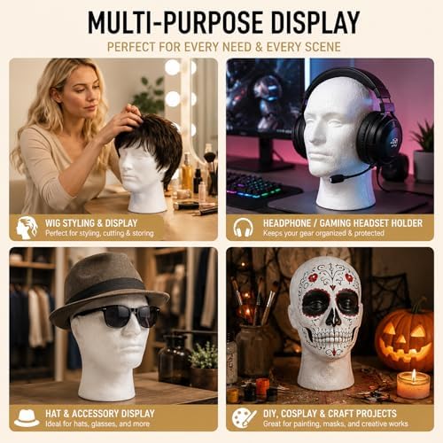 Male Wig Display Mannequin Head Stand Model Styrofoam Foam White - Image 3