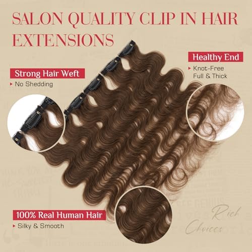 Rich Choices Clip In Hair Extension Real Human Hair-Wave/Curly 6 Pcs Single Clip Hairs Extension for Women-Invisible Mini Clips in Hairpieces for Thin Hairs-16 Inch #4 Medium Brown - Image 6