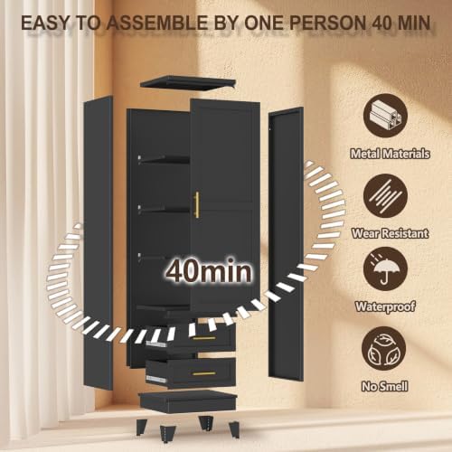67" Tall Narrow Metal Storage Cabinet, Freestanding Pantry Organizer, Black - Image 7