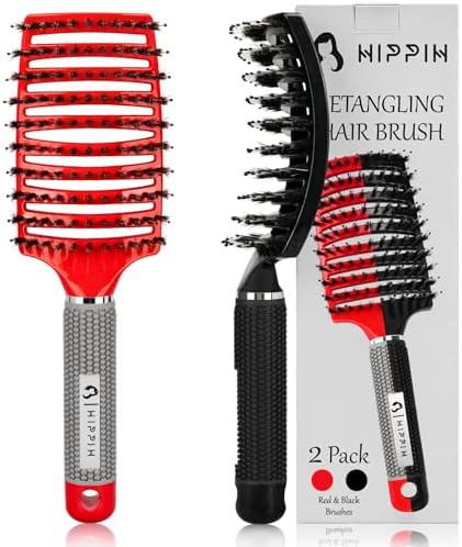 HIPPIH Boar Bristle Hair Brush Set of 2, Detangling Smoothing for Wet & Dry by HIPPIH