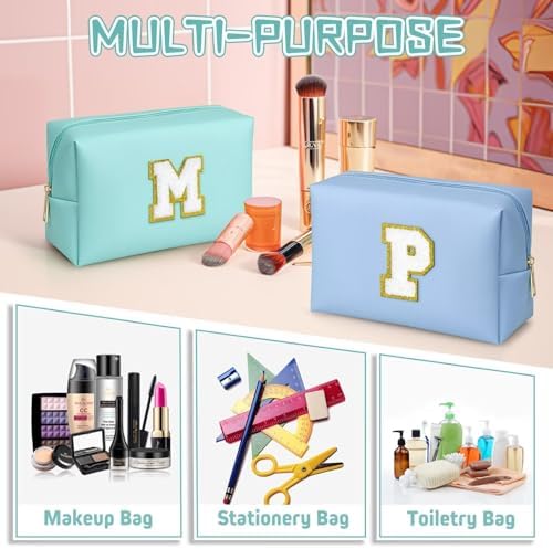 TOPEAST Personalized Makeup Bag, Chenille Letter Pouch Cosmetic Bag w Zipper, PU Leather Waterproof Toiletry Bag, Bridal Shower Gifts for Bridesmaids, Cute Stuff for Girls (Blue P) - Image 5