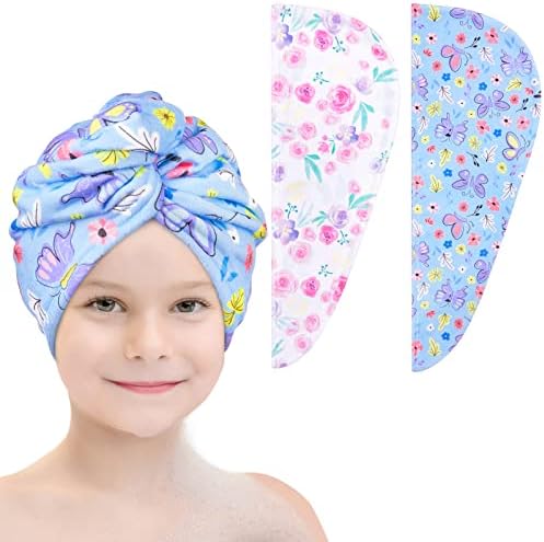 Basumee Microfiber Hair Towel Wrap for Kids 2 Pack Rapid Drying Hair Towel with Button Hair Turbans for Wet Hair Wraps Head Towel Wrap for Women and Girls, Flower by Basumee