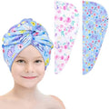 Basumee Microfiber Hair Towel Wrap for Kids 2 Pack Rapid Drying Hair Towel with Button Hair Turbans for Wet Hair Wraps Head Towel Wrap for Women and Girls, Flower by Basumee