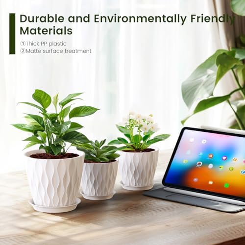 Meowell 7/6.5/6/5.5/5/4.5/4 inch Plant Pots for Indoor Outdoor Plants, 7 Pack Thick Flower Pots with Drainage Holes and Saucers, Modern Wave Texture Plastic Planter Pots for Nursery, Succulent, White - Image 5
