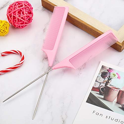 Leinuosen 3 Pack 9 Inch Rat Tail Comb with Metal Pick, Carbon Fiber,Pink - Image 5