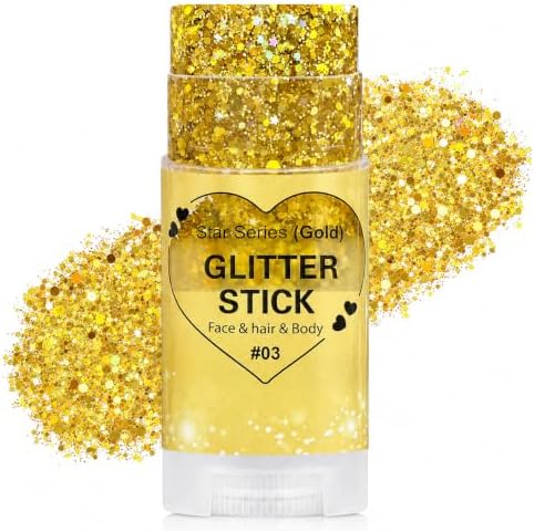 Gold Hair Glitter Stick, Yellow Face Body Glitter Makeup for Women, School Spirit Week Game Day Cheer Football Accessories, Chunky Sequins for Halloween Singer Concert Rave Festival Mardi Gras by Yeweian