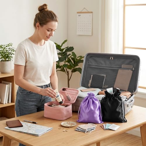 SynHHergyx Wig Storage Bags, 2 Pcs Silk Satin Drawstring Bags Portable Small Wig Travel Bag for Packaging Wigs, Bundles, Hair Extensions (Black, Purple) - Image 5