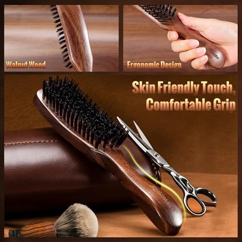 STYLEMATE Hair Brush for Men, Mens Nylon Stiff Bristles Hard Firm Hair Brush for Thick Hair, Slick Back Natural Black Walnut Wooden Handle for Smoothing, Detangling, Styling - Image 4