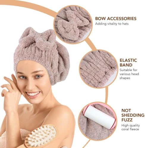 SUNLAND Large Microfiber Hair Drying Caps with Bow Knot 2 Pack Brown - Image 4