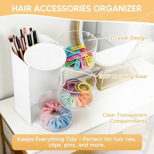 3-Tier Rotating Hair Accessories Organizer, 360° Spinning Storage Stand for Makeup Brushes and Jewelry, Compact Vanity Display Case for Girls, Holds Hair Clips, Earrings, Rings, Bracelets(White) - Image 3