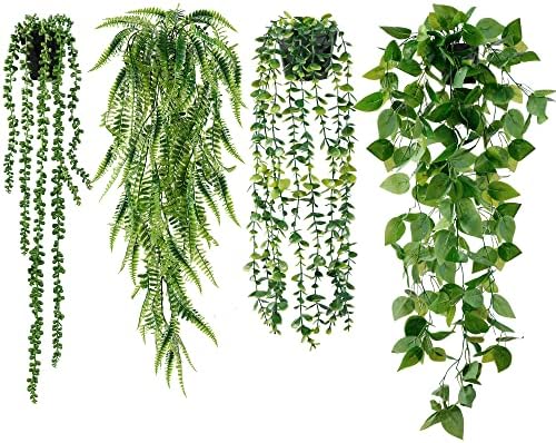 Sggvecsy Fake Hanging Plants 4 Pack Artificial Hanging Plants Fake Potted Greenery Faux Eucalyptus Vine String of Pearls Boston Fern Ivy Vine Leaves for Home Indoor Outdoor Shelf Wall Garden Decor by Sggvecsy