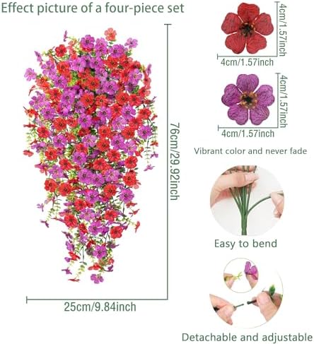 Artificial Flowers for Outdoors Fake Hanging Plants with Pot, 4pcs Silk Colorful Flowers UV Resistant Realistic Hanging Planter Faux Flower for Outside Porch Patio Home Garden Yard Decoration - Image 6