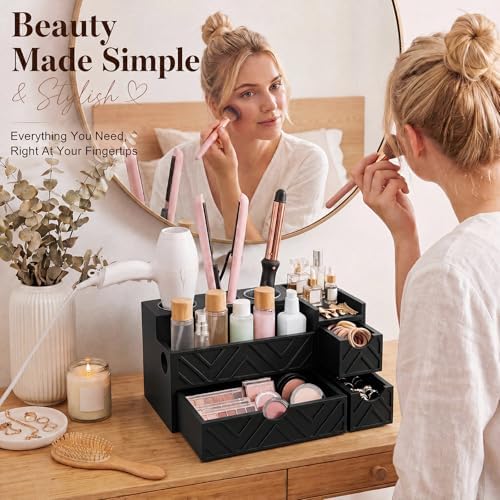 Hair Tool Organizer with 3 Drawer Wooden Blow Dryer Holder, Black - Image 6