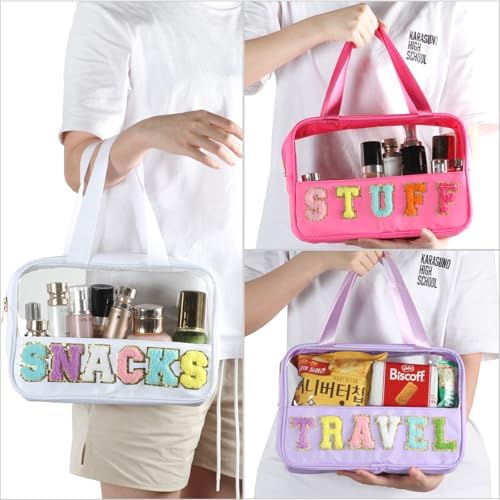 BuyCard Chenille Letter Clear Snack Bags Makeup bag, Preppy Cosmetic Bag, Nylon & PVC Waterproof Travel Pouch with Zipper & Handle, Large Capacity Toiletry Organizer Bag for Women & Girls (White) - Image 5