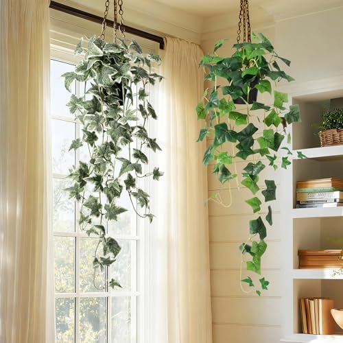 Artificial Plants Indoor with Pots, Fake Pothos Hanging Plant Set of 2, Silk Faux Greenery Ivy for Outdoor, Realistic Fake Potted Plants for Shelves Office Wall Decor, Green 33In - Image 5
