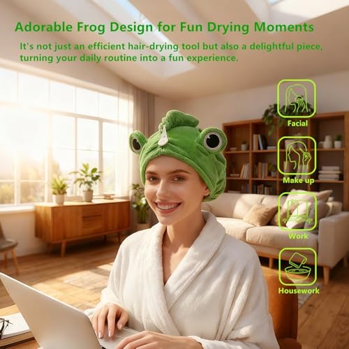 2-Pack Frog Hair Turbans, Super Absorbent Microfiber Hair Towels for Long Hair, Quick Dry, Cute Animal Design, Gift for Women Girlfriend Bestie - Image 6