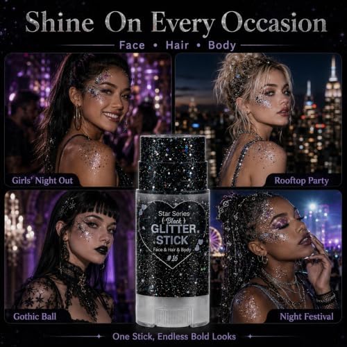 Go Ho Black Glitter Stick,Halloween Hair Face Body Shimmer for Women Kids - Image 6