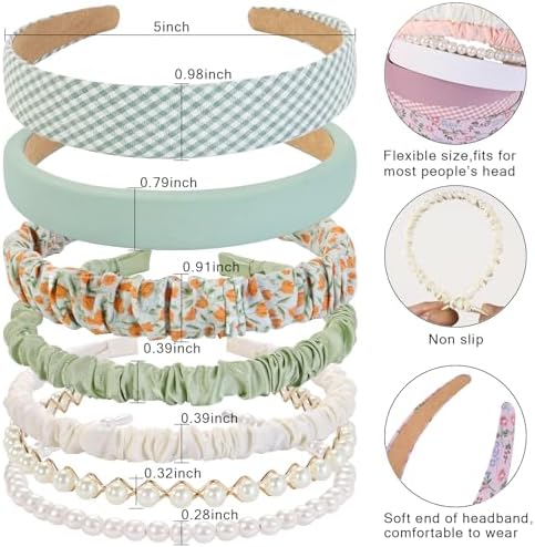 7 Pcs Headbands for Women Girls, Non Slip Cute Pearl Floral Padded Vintage Wide Fashion Multi-style Headbands for Girls - Image 2