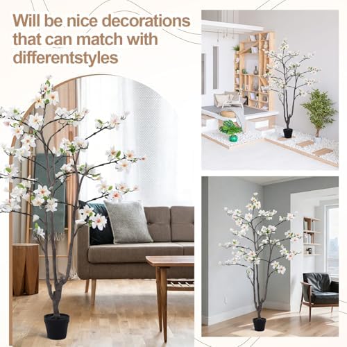 Giegxin 6 FT Tall Artificial Magnolia Tree, 72 Inches Faux Magnolia Trees Realistic UV-Resistant Flower Leaves Plant with Pot for Patio Home Office Wedding Living Room Indoor Outdoor Decor(White) - Image 5