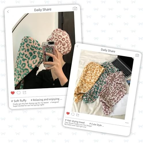 3 PCS Hair Towel Wrap Cute Pastel Floral Print Microfiber Fleece Hair Drying Towel Cap Soft Quick Dry for Women Bath Spa (Leopard) - Image 3