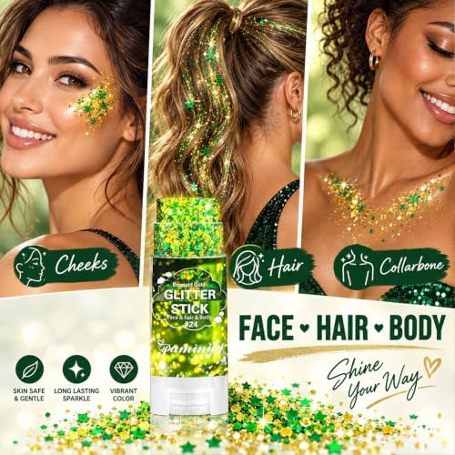 Green Gold Hair Face Glitter Stick,Waterproof Green Body Glitter Stick,Gold Spirit Day Accessories for Sport Game Day,Halloween Cosplay Festival Rave Concert Carnival Party Makeup - Image 4