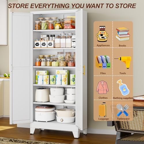 75" White Metal Storage Cabinet with 2 Doors and 5 Adjustable Shelves,Steel Garage Tool Cabinet, File Cabinet,Kitchen Pantry Cabinet for Home,Office,Garage,School,Warehouse - Image 6