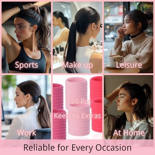 LuSeren 120 Pcs Pink Hair Ties for Women, No Damage Soft Seamless Nylon Hair Elastics for Thick Hair, Ponytail Holders, 3 Gradient Pink Hair Accessories - Image 6